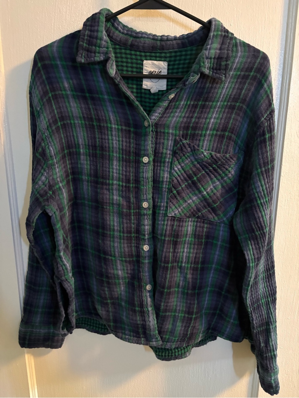 Plaid Button-Front Women’s Shirt in Green & Navy - Aerie
